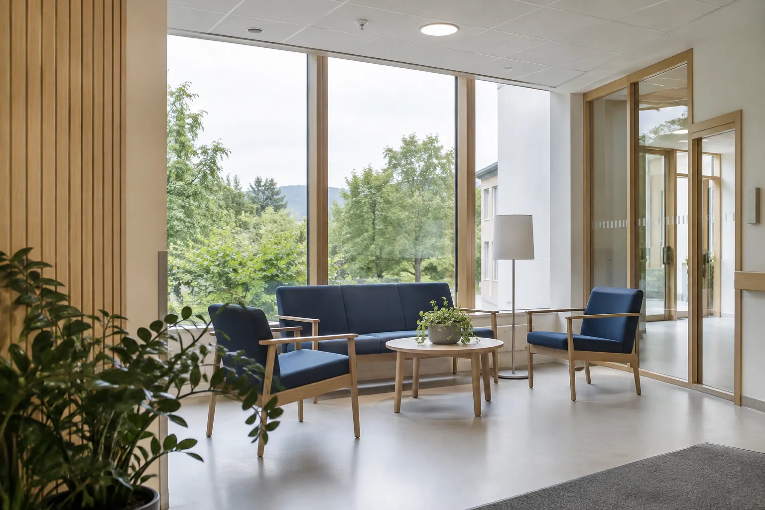 Illustrert helsemiljø med blå møbler og varmt treverk